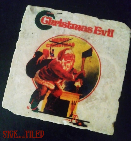 Christmas Evil Vintage Poster Tumbled Marble Drink Coasters Single